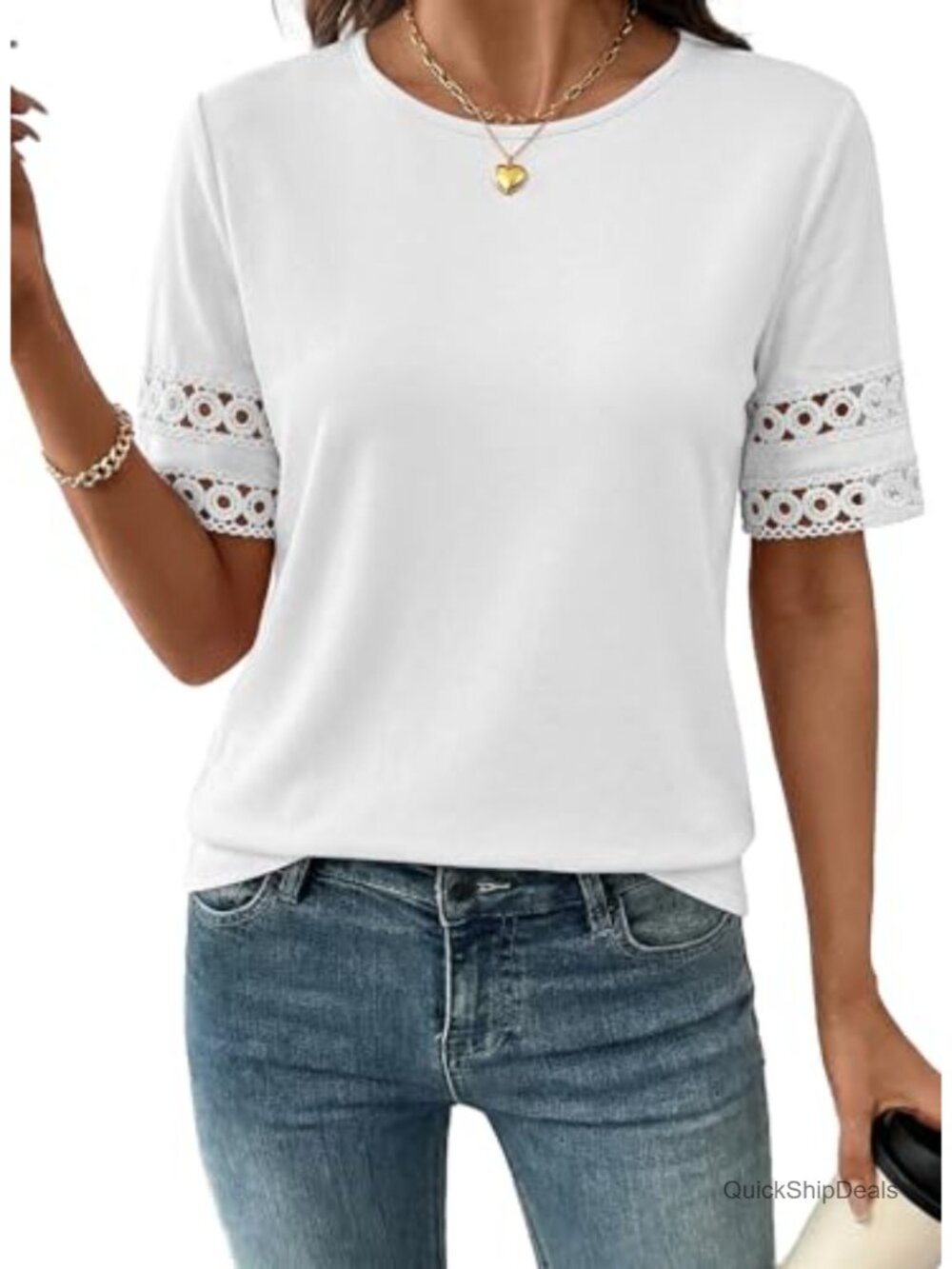 Womens Hollow Out Short Sleeve Crewneck Blouse Lace Loose Fit T-Shirt